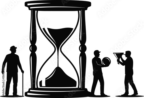 Concept of time management and aging, featuring hourglass with silhouettes of an elderly man and workers measuring time, metaphorical vector illustration for business productivity.