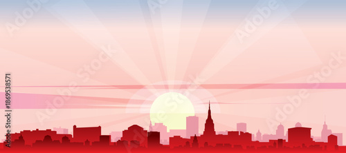 Blue panoramic poster of the city skyline with misty background buildings and clouds of NEW YORK, UNITED STATES