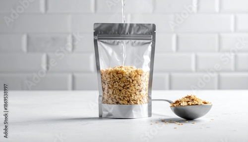 Clear Stand Up Pouch Bag Filled With Lentils And Spoon.