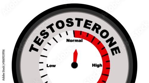 Testosterone text or word with a barometer or tachometer-style gauge, illustrating varying levels of testosterone in the body and its impact on health