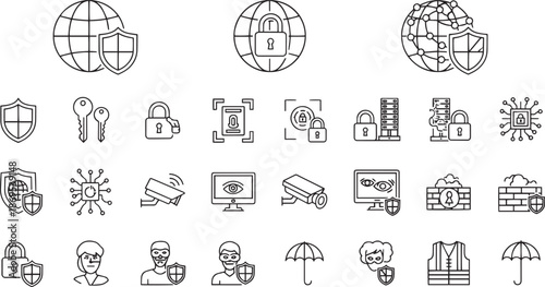 Global Cyber Security and Digital Data Protection Line Icon Set with Safety Symbols