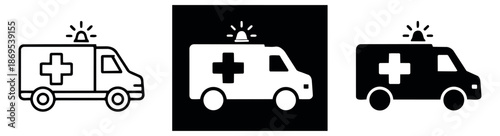 Modern ambulance icon set featuring line art and solid glyph styles for medical emergencies and transportation services