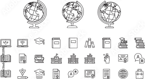 Global Education and Academic Learning Line Icon Set with Books and Graduation Symbols