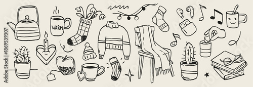 Hand drawn cozy doodle icon set with spring lifestyle objects: warm clothes, socks, candles, mugs, books, plants and home accessories. 