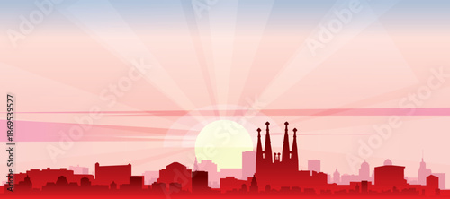 Blue panoramic poster of the city skyline with misty background buildings and clouds of BARCELONA, SPAIN