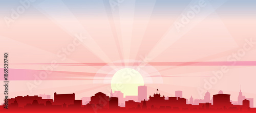 Red panoramic poster of the city skyline with misty background buildings, sunrise, moon and clouds of SEVILLE, SPAIN