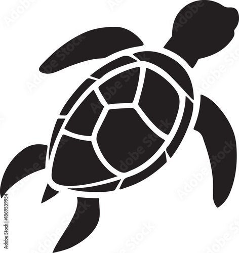 Swimming sea turtle vector outline illustration with shell details on transparent background