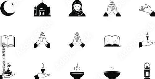 Minimalist religious and spiritual icon set including prayer hands, mosque, crescent moon, lantern, book, flame, bowl