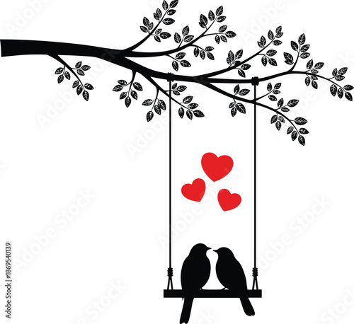 Silhouette of two birds on a swing under a tree with red hearts branch leaves