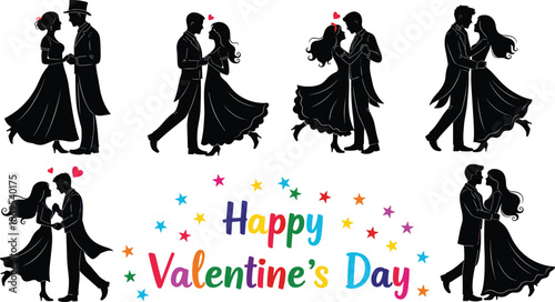 Silhouettes of couples dancing and embracing on Valentine's Day with colorful text and stars