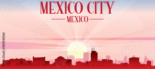 Blue panoramic poster of the city skyline with misty background buildings and clouds of MEXICO CITY, MEXICO