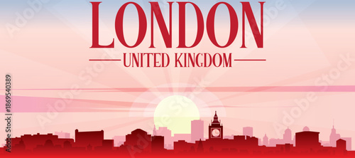 Blue panoramic poster of the city skyline with misty background buildings and clouds of LONDON, UNITED KINGDOM