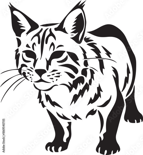 Detailed decorative black silhouette of lynx bobcat with whiskers standing vector illustration