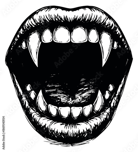 Hand drawn line art illustration of a vampire mouth depicting bared fangs for halloween or horror themes