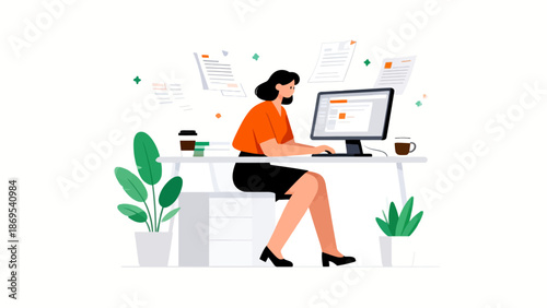 Woman working at desk with computer
