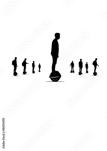 Electric Unicycle EUC Commuter Silhouette for Future Urban Transit. Person on One Wheel Micro Mobility Device for 2026 Sustainable Transport Concept Vector.