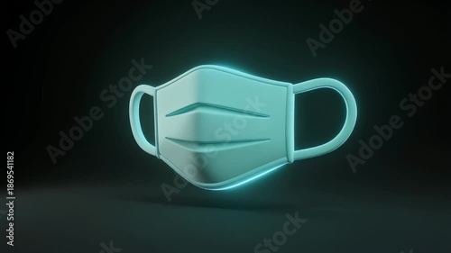 3D Rendering of a Medical Face Mask with Soft Blue Neon Glow Against a Dark Background