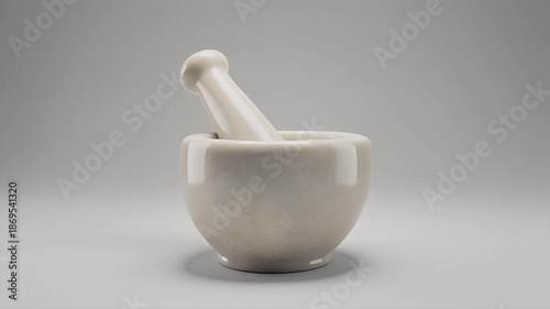 Close-up Studio Shot of a White Marble Mortar and Pestle on a Neutral Background
