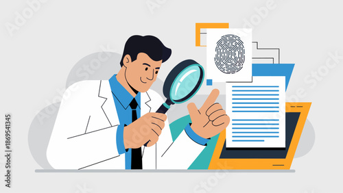 forensic investigator examining a fingerprint with a magnifying glass flat vector illustration