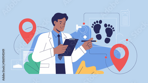 forensic expert analyzing footprints and crime scene locations vector illustration