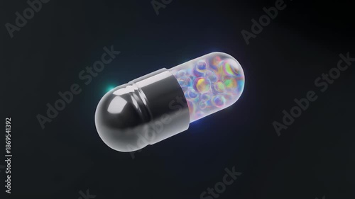 Close-up of a clear capsule filled with small colorful spheres against a dark background
