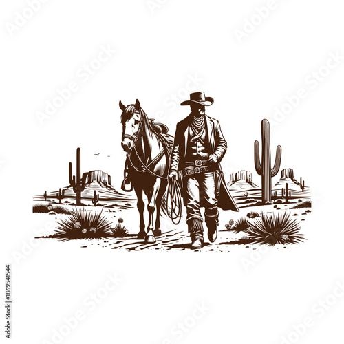 A cowboy walking with a horse in the desert landscape