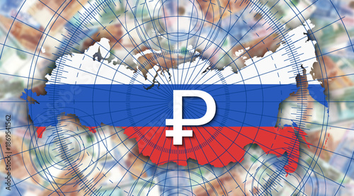 New vector map of Russian Federation in colors of national flag. Tricolor. Ruble symbol. Russia. Diagram, circles and drawing. Blurred turbid banknotes. Finance and economy banner