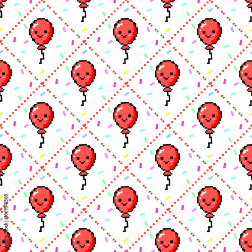 cute pixel art red balloons with smiling faces and colorful confetti in retro 8-bit game style seamless pattern