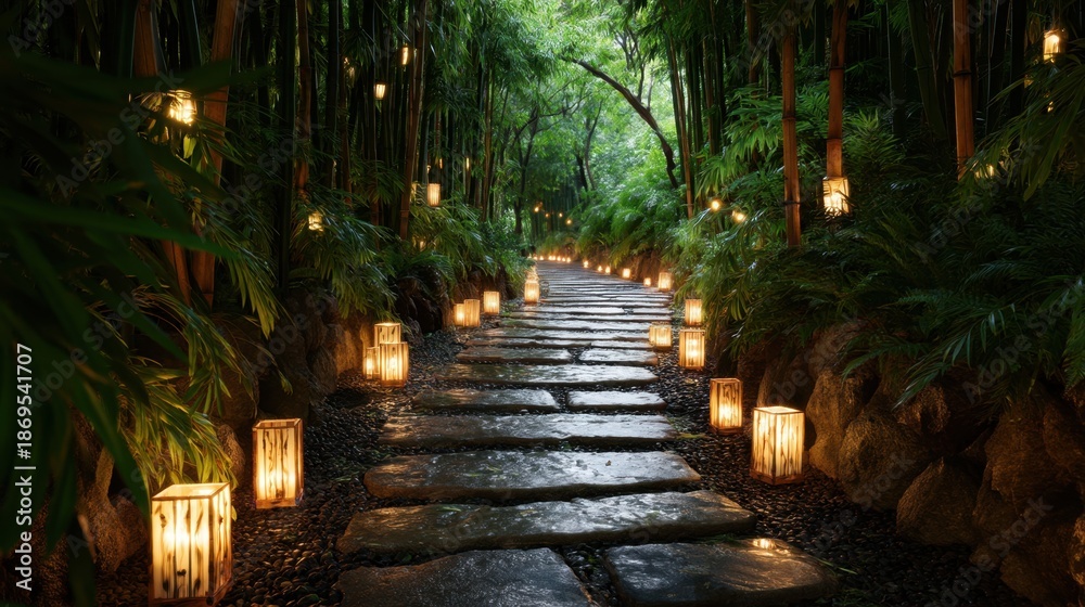 Fototapeta premium Stone path through lush bamboo forest illuminated by many glowing japanese lanterns. Tranquil garden walkway lights for celebration and festive ambiance.