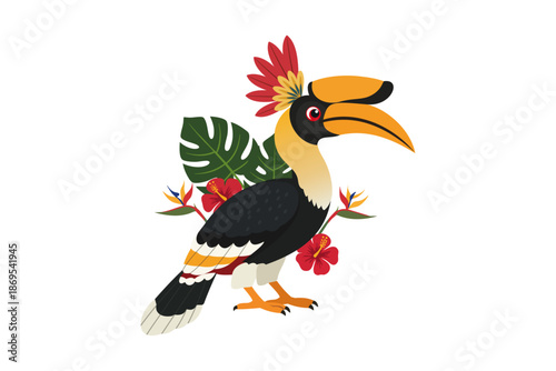 Colorful Hornbill Bird Illustration Inspired by the Hornbill Festival, Fusing Naga Tribe Culture, Decorative Feathers, and Indian Heritage in a Vibrant Vector Art Style
