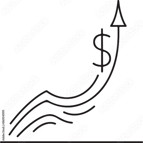 A minimalist line drawing features a jagged black arrow curving sharply upward, with a large dollar sign placed near its peak to represent significant financial growth and rising value.