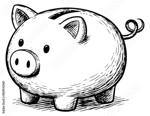Hand drawn line art illustration of a piggy bank depicting financial savings for economy concepts