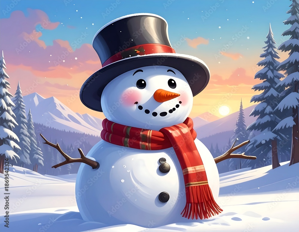 Obraz premium Charming Snowman Illustration in Winter Wonderland Landscape.