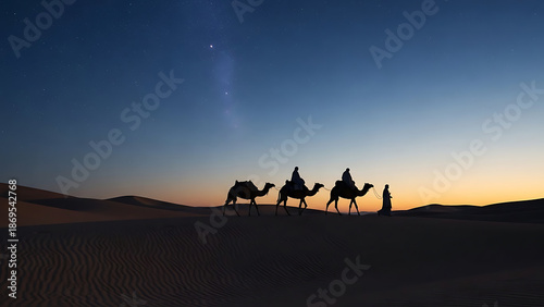 Silhouetted travelers on camels trek across desert dunes under a serene twilight sky.
