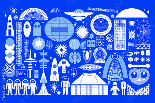 A vibrant blue illustration featuring various space elements and whimsical characters