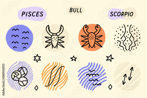 Zodiac signs illustrations pisces bull scorpio and their symbolic representations