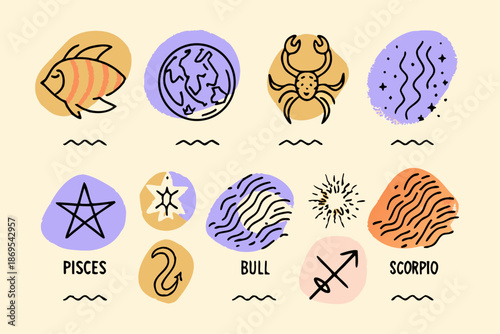 Zodiac signs and astrological symbols illustrated in a colorful whimsical design