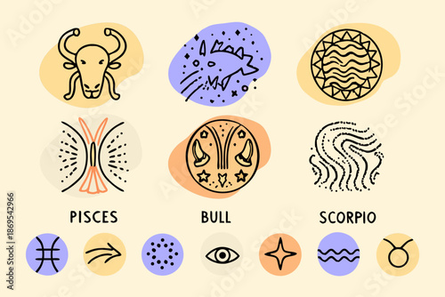 Zodiac signs and astrological symbols illustrated in a playful hand drawn style