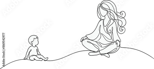 Minimalist line art mother and baby illustration, loving maternal bond, peaceful parenting moment, abstract family concept, continuous line drawing, emotional motherhood artwork