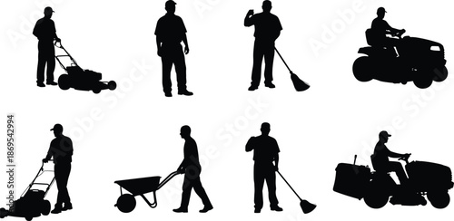 Professional landscaping service silhouettes set featuring workers with lawn mowers, riding mowers, wheelbarrows, rakes, and gardening tools for commercial yard maintenance and groundskeeping.