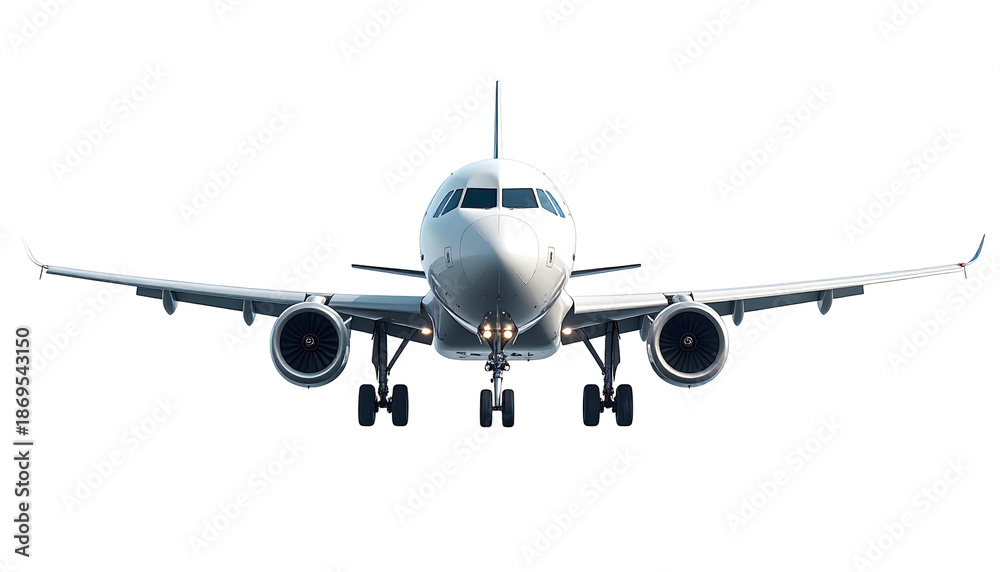 Fototapeta premium A white jet plane is shown head-on, with landing gear down and wings outstretched