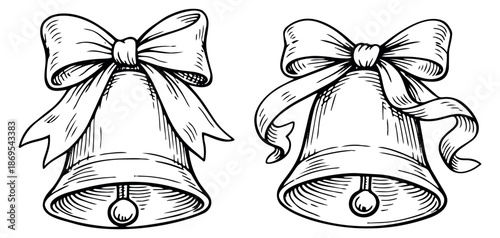 Hand drawn line art bells set featuring decorative bows for Christmas and holiday celebrations