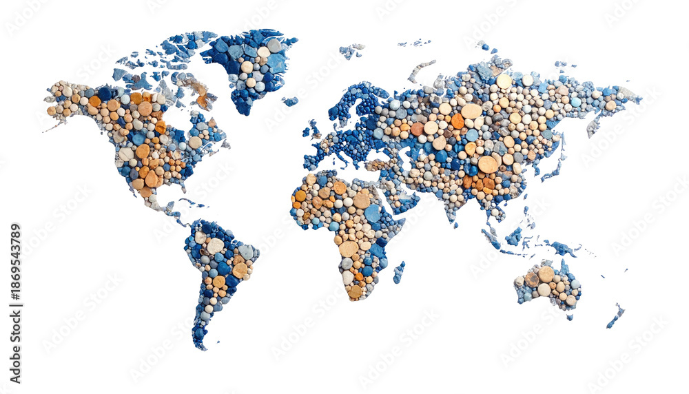 Fototapeta premium A world map outline filled with a mosaic of blue, orange, and white spheres