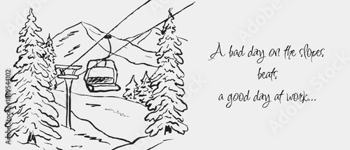Hand drawn winter mountain with ski lift. Vector sketch illustration in vintage crayon charcoal style. Winter sports concept, winter mountain vacation