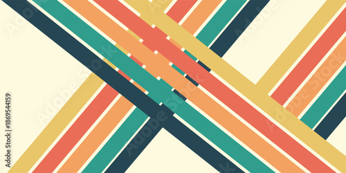 Abstract colorful 70s background vector. Vintage retro wallpaper with rainbow stripes and wavy lines. A 1970 color illustration suitable for posters, banners, decorative items and wall art.