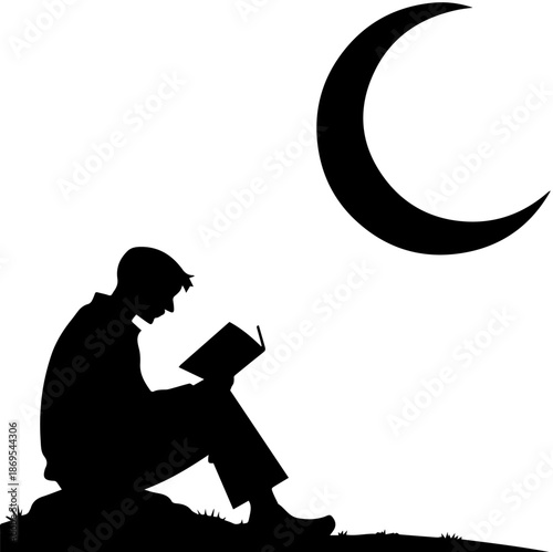 Boy Reading Quran Under Crescent Moon Silhouette, Ramadan Vector