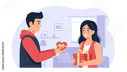 This flat design illustration depicts a joyful couple exchanging presents, symbolizing love and appreciation on Valentine's Day. The scene uses simple shapes and a limited, warm color palette.