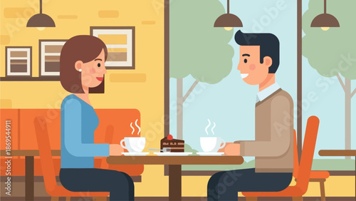 This charming flat design illustration shows a couple enjoying a sweet moment, sharing dessert and coffee at a cafe. It represents a relaxed and loving date.
