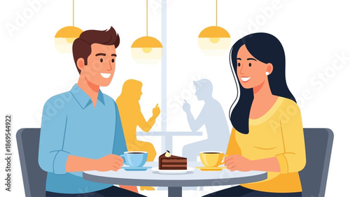 This charming flat design illustration shows a couple enjoying a sweet moment, sharing dessert and coffee at a cafe. It represents a relaxed and loving date.