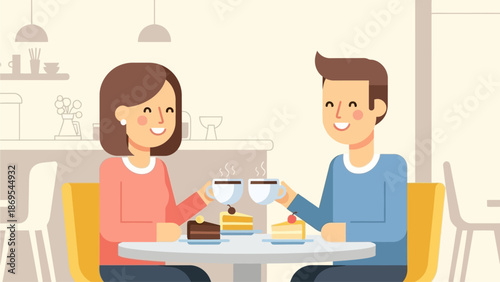 This charming flat design illustration shows a couple enjoying a sweet moment, sharing dessert and coffee at a cafe. It represents a relaxed and loving date.